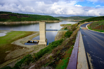 Alibeykoy Dam Drought: Concrete Water Tower, Solar Panels, and Low Water Levels Showing Global Climate Change and Sustainability Crisis. Istanbul Turkiye. 12 14 2025