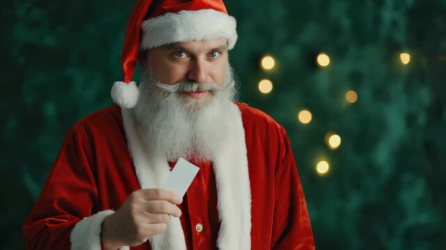 Santa Claus holding a letter or scroll, festive portrait, Christmas magic, joyful holiday moment, traditional winter celebration.