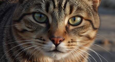 close-up of a beautiful tabby cat with striking green eyes and detailed fur texture.
