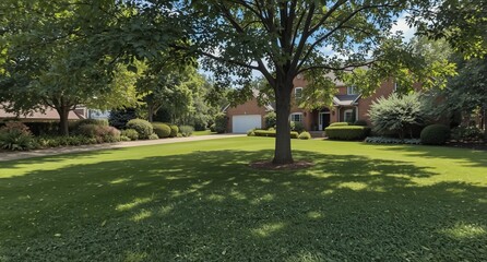 lush front yard of a brick suburban home with manicured lawn and mature trees on a sunny day.