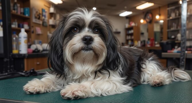 adorable shih tzu dog lying on grooming table at pet salon awaiting haircut