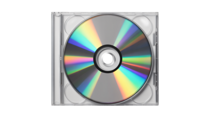 A compact disc with a clear cd case on a white background, shimmering iridescent spectrum
