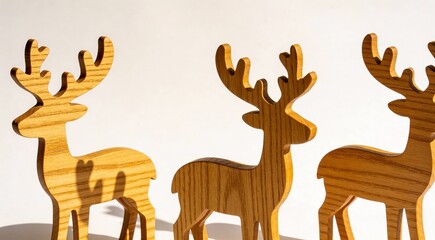 Three rustic wooden reindeer silhouettes stand proudly in a row casting dramatic shadows against a bright minimalist white background celebrating winter holidays
