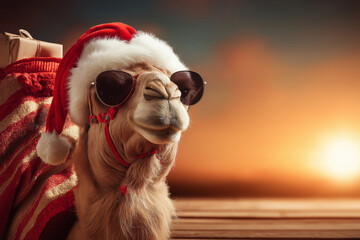 A photograph of a camel dressed as Santa Clauss on Christmas party background. 
