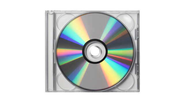 A compact disc with a clear cd case on a white background, shimmering iridescent spectrum