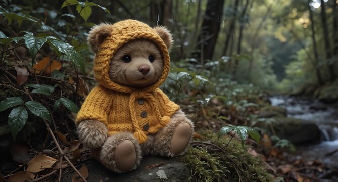 cute teddy bear wearing knitted clothes sits in a lush forest scene with a flowing stream.