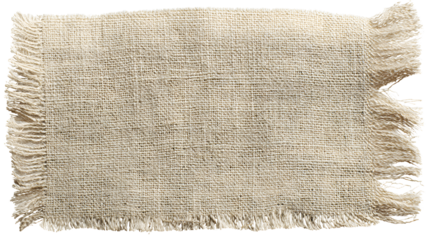 Coarse woven hemp fabric swatch with frayed edges on white background