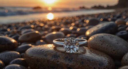 diamond engagement ring on pebbles with blurred beach sunset in background