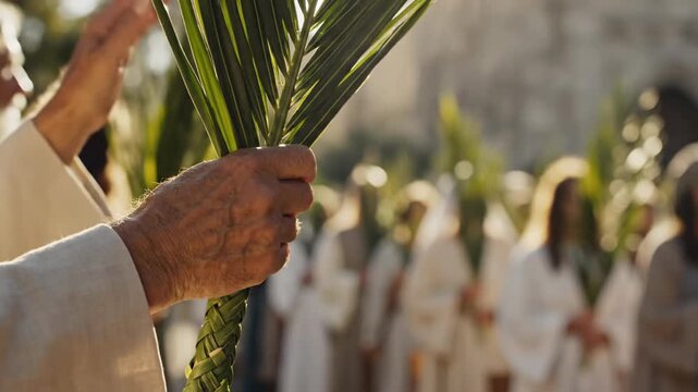 Close-up of Senior Man Hands Holding Woven Palm Branch During Palm Sunday Religious Procession