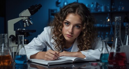 female scientist taking notes in a laboratory with beakers and a microscope.