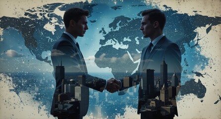 global business partnership handshake with city skyline and world map background