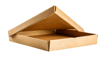 Brown cardboard triangular pizza slice box container open empty isolated on white background for food delivery packaging