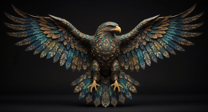 intricate golden and teal eagle sculpture with wings spread, detailed ornamental design, digital art.