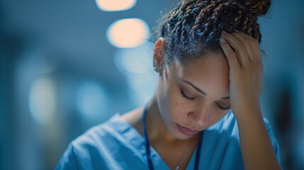 Infirmière en burn-out, épuisement et stress au travail, main sur le front, fatigue et détresse psychologique du personnel soignant à l’hôpital