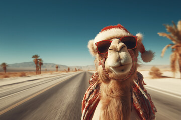 A photograph of a camel dressed as Santa Clauss on Christmas party background. 