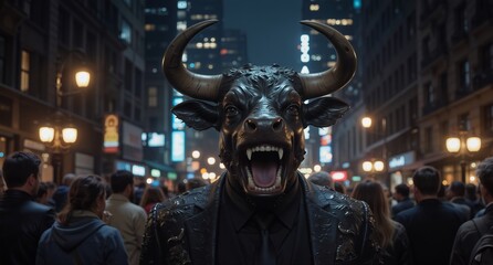 Obraz premium a powerful bull-headed man in a suit stands out in a busy city street at night.