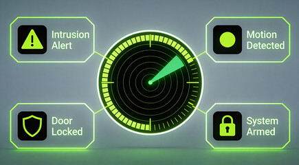 Futuristic security interface displays active intrusion alert motion detection door locked status and system armed confirmation on a glowing radar screen
