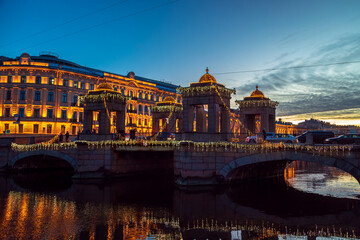 View of the Lomonosov Bridge at dusk. Festive illuminations.