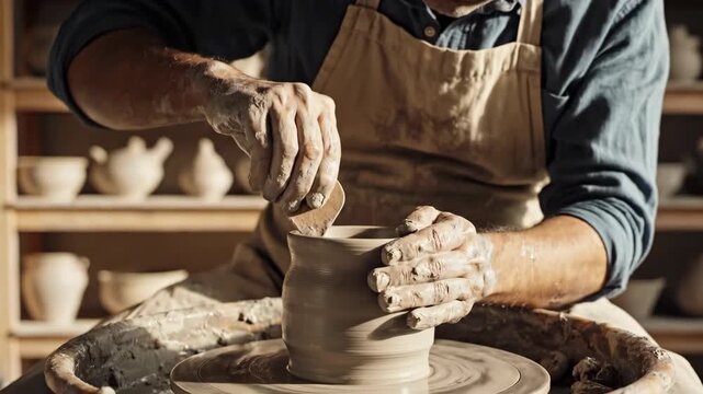 Close-up of a potter shaping clay on a spinning wheel in a workshop. Male artisan hands molding a ceramic vessel. Pottery craft concept