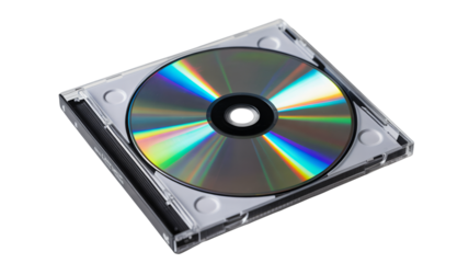 Close up of compact disc in jewel case on white background for media and technology uses