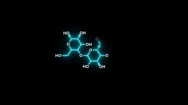 neon Glycogen Chemical Structure On black Background. glowing chemical formula of Glycogen. Glycogen Molecular Structure Symbol icon Animation. Glycogen Molecule Structure icon.