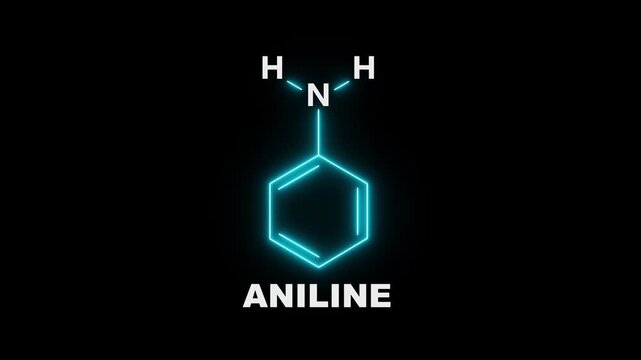 neon Aniline Molecule Structure  On black Background. glowing chemical formula of Aniline. Aniline Molecular Structure Symbol icon Animation. Aniline Molecule Structure icon.