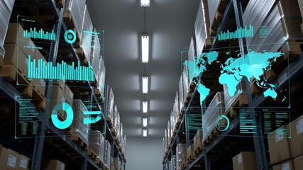 Warehouse Storage with Digital Data Visualization and Global Logistics Concept - Powered by Adobe