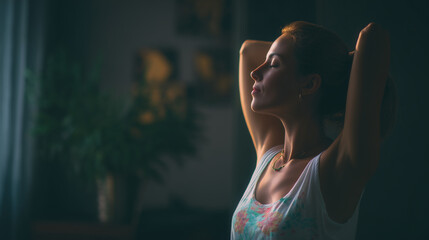 Woman relaxing with eyes closed stretching indoors with copy space