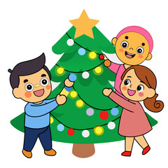 Three happy children decorating a christmas tree with lights isolated on white background isolated on transparent background silhouette