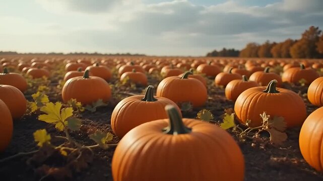 A vast pumpkin patch under a cloudy sky in autumn