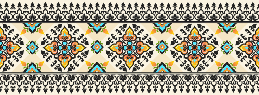 Elegant Thai-Inspired Floral and Geometric Textile Fabric Pattern Suitable for fashion textiles-interior fabrics-scarves-upholstery and home decor
