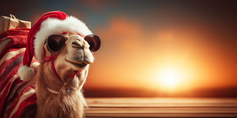 A photograph of a camel dressed as Santa Clauss on Christmas party background.  