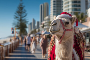 Fototapeta premium A camel dressed as Santa Clauss on Christmas party background. 