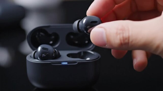 Close up of hand opening charging case and taking out black wireless bluetooth earbud with LED battery indicator