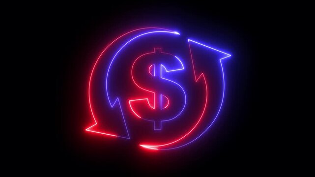 neon Personal finance and money management icon animation on black background. rotation dollar management with arrow icon. dollar sign, surrounded by arrows indicating movement or exchange of money.