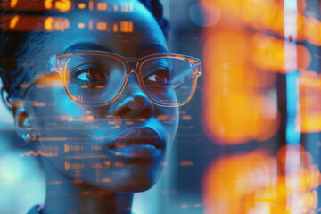 Female cybersecurity expert focused on coding and data analysis on multiple screens in a high-tech environment.