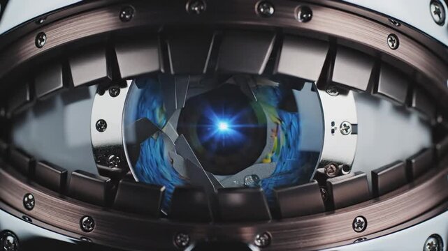 Futuristic mechanical robot eye blinking with metallic shutter eyelids and glowing blue camera lens close up