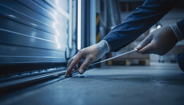 A person's gloved hands inspecting the bottom seal of an industrial roller shutter door.