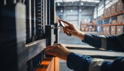 Warehouse worker's hands operating a handheld scanner near a forklift for inventory management.