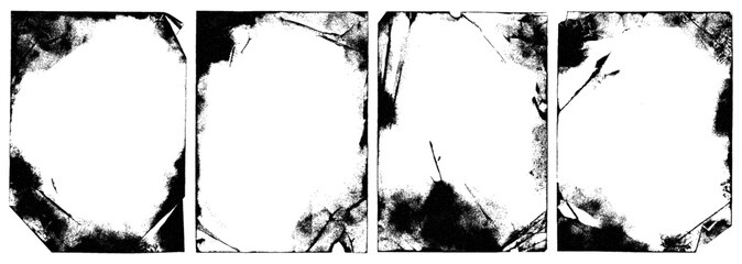 Distressed vector grunge frame set. Rough ink print texture and vintage paper background ideal for punk rock album covers, zine design, posters, and creative photo overlays.