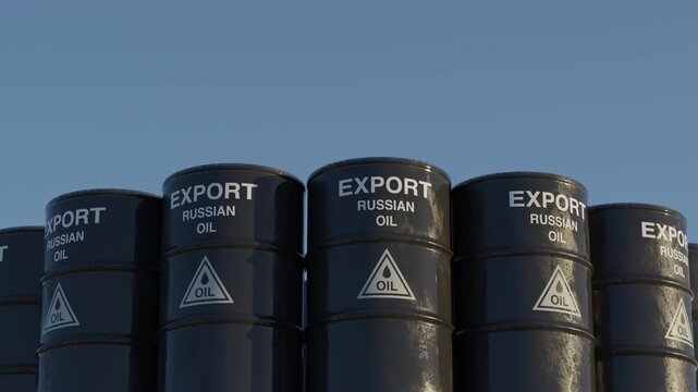 Loop animation of Russian oil export barrels symbolizing global energy markets, geopolitics and sanctions. Ideal for news, finance, energy content. Part of series.