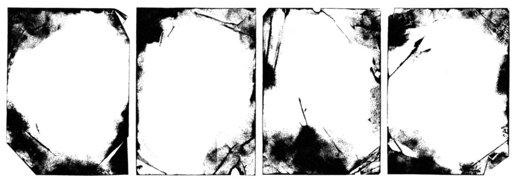 Distressed vector grunge frame set. Rough ink print texture and vintage paper background ideal for punk rock album covers, zine design, posters, and creative photo overlays.