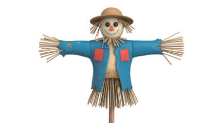 Cheerful scarecrow illustration with arms out and wearing a hat on an isolated white background