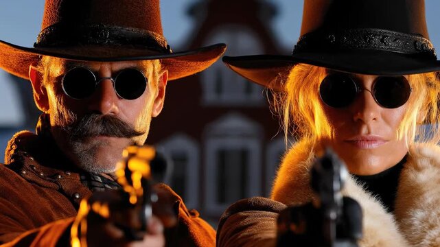 Western outlaws aiming guns, wearing cowboy hats and circular sunglasses, with old town building in background, a rugged man with mustache and a woman with fur jacket, dusk scene.
