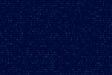 Binary code big data background with glowing blue zero and one digits forming dense digital information field, representing data processing and modern technology.