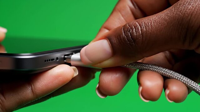 Close up of African American hand connecting USB-C charging cable to smartphone port on green screen