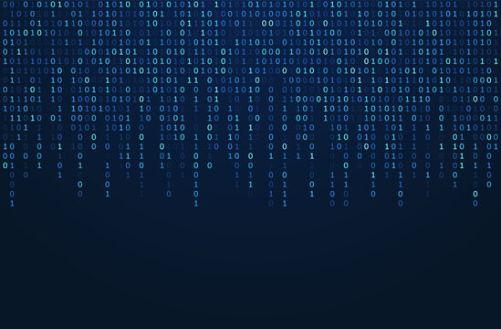 Binary code big data background with glowing blue digits concentrated at the top and fading downward into dark space, representing data flow, processing, and modern technology.