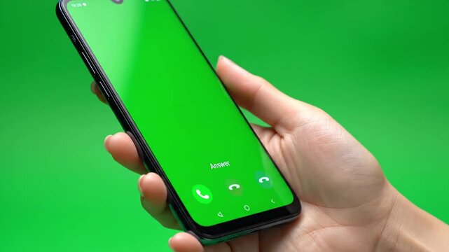 Close up of female hand answering incoming call on black smartphone with green screen chroma key background