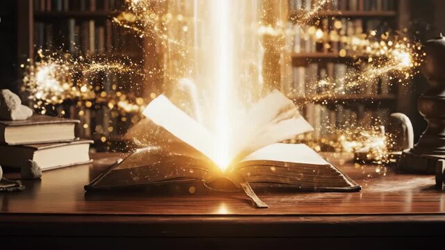 A magical book glows with golden light in an old library. Animated fantasy scene with sparkling particles. The power of knowledge and storytelling