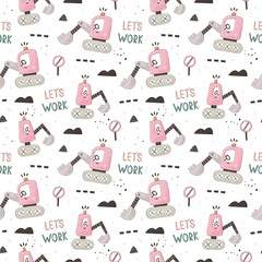 seamless pattern with cartoon bulldozer,  decor elements. Colorful illustration flat style for kids. hand drawing. baby design for fabric, print, wrapper, textile